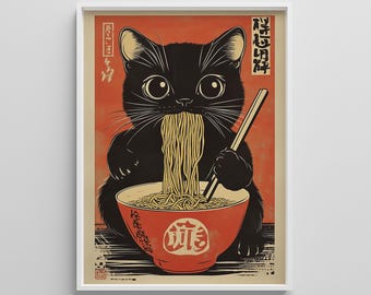 Vintage Cat Ramen Print: Retro Japanese Kitchen Art (Digital Download)