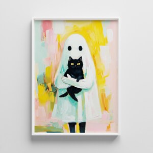Pastel Halloween Poster - Spooky Ghost with Cat Art Print - Pastel Haunted House Printable for Spooky Cute Girl&#39;s Room Decor