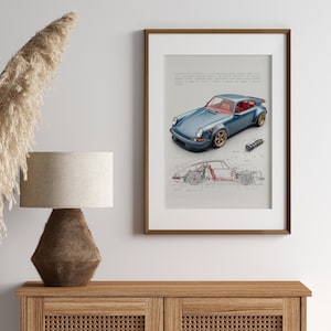 Classic Porsche car poster with blueprint drawings and modern layout.