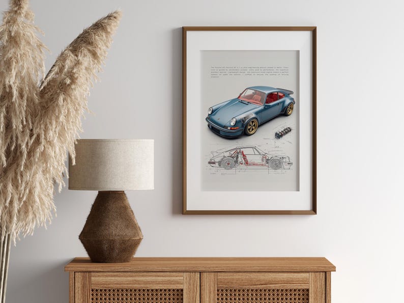Classic Porsche car poster with blueprint drawings and modern layout.