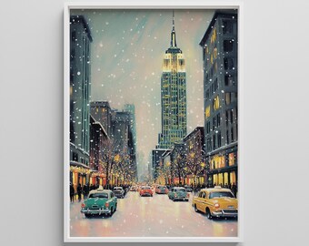 New York Winter Wall Art – Snowy Cityscape Printable, Empire State Digital Poster