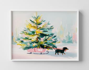 May include: An art print of a Christmas scene. A decorated Christmas tree sits on a pink sled with white polka dots. A black dachshund dog with a red collar pulls the sled. The background is a snowy landscape.
