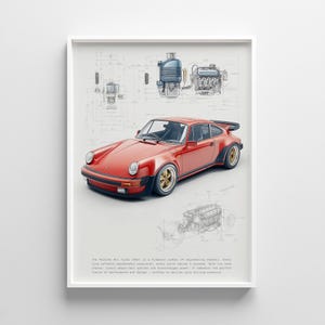 May include: A framed print featuring a red Porsche 911 Turbo (930) car with gold wheels. The image includes detailed blueprints of the car's engine and components. The text at the bottom describes the car's design and performance.