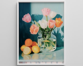 Tulips and Citrus Still Life Art Print: Colorful Kitchen Decor (Digital Download)
