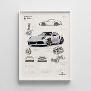 May include: A framed technical print of a silver Porsche 911 Turbo S, featuring a central car illustration, side and rear views, engine and suspension diagrams, and text specifications including the Porsche logo and a signature on a white background.