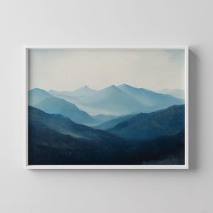 Blue Mountain Wall Art, Misty Mountain Landscape Print, Digital Nature Painting, Tranquil Forest Scene, Minimalist Downloadable Decor