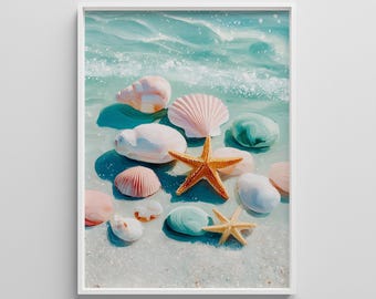 Lámina artística costera de conchas y estrellas de mar: Decoración para casa de playa (descarga digital)