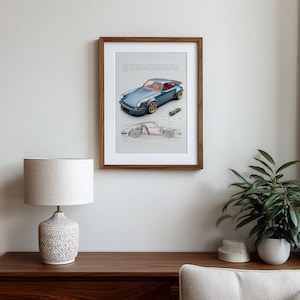 Porsche wall decor in elegant blue, ideal for minimalist interiors.
