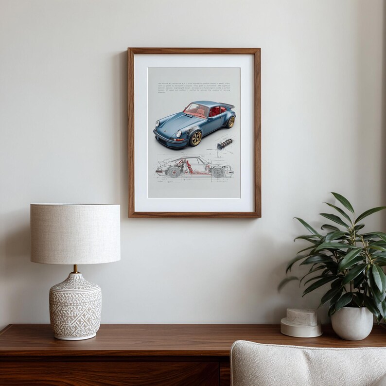 Porsche wall decor in elegant blue, ideal for minimalist interiors.