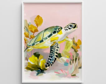Lámina infantil de tortugas marinas: Decoración costera en tonos pastel (descarga digital)