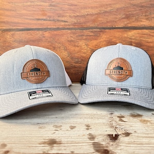 Christian Strength snapback trucker hat, faux leather Richardson 112, Christian hats, trucker hats, trendy hats, laser engraved design