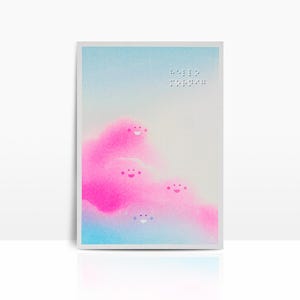Peut inclure: Impression artistique rectangulaire avec un fond dégradé bleu et blanc, et des formes de nuages roses avec des visages souriants. Les mots "hello today" sont écrits en braille en haut.