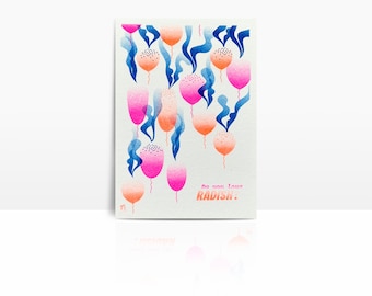 Tarjeta risográfica fluorescente A6 - Rábanos rosa + naranja fluorescente