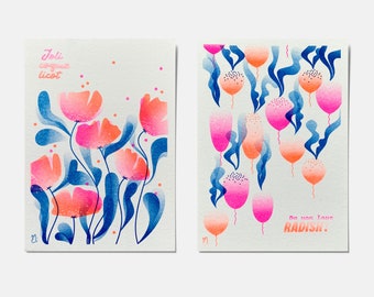 Dúo de tarjetas risográficas fluorescentes A6 - ROSA + NARANJA FLUORESCENTE