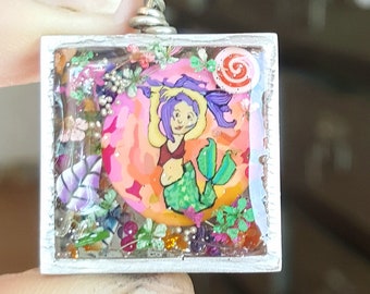 Mermaid Necklace, Flower Pendant, Funny Mermaid Necklace, Resin Jewelry, Murrini Glass, Whimsical Mermaid