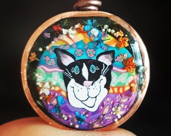 Cat Necklace, Flower, Kittie Pendant, Layers, Resin Jewelry, UV Resin Necklace, Copper Pipe, Copper Jewelry