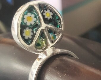 Peace Sign Ring, Murrini Glass, Sterling Silver Band, Flowers, Peace Ring, Resin, UV Resin, Collage Ring