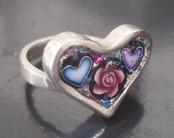 Resin Heart Ring, Polymer Clay Ring,, Sterling Silver Band, Flowers, Hearts, Unique, Art Jewelry  Heart Ring, Resin, UV Resin, Collage Ring