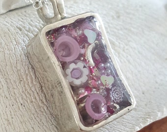 Resin Flower Jewelry, Glass Pendant, UV Resin Heart Necklace, UV Resin Jewelry, Sterling Silver Necklace