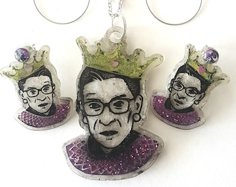 RBG, Ruth Bader Ginsburg, Necklace And Earrings, Resin Jewelry, Icon, Resin Art