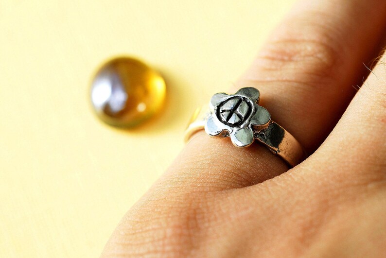 Peace Sign Ring Flower Ring Peace Ring Silver Flower Ring Etsy