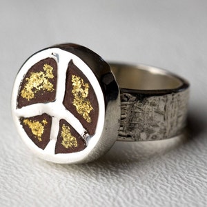 Peace Sign Ring Concrete Round Sterling Silver  Gold Peace Boho Hippie Chic One Of A Kind