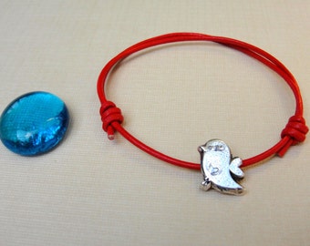 Twitter Bird Bracelet  Jewelry Sterling Silver Red Leather