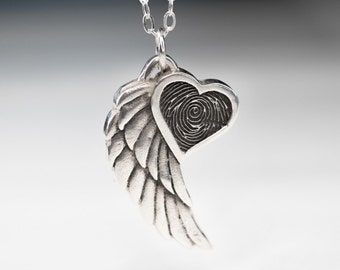 Angel Wing Fingerprint  Necklace With Heart Pendant  Winged Heart Sterling Silver