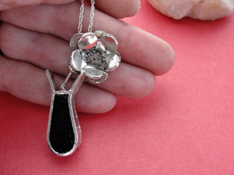Sterling Silver Flower Blossom in Vase with Black Suede Necklace image 5