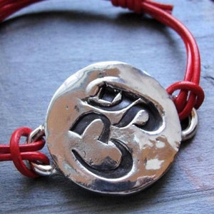 Sterling Silver Om Ohm Sign Bracelet on Red Leather image 2