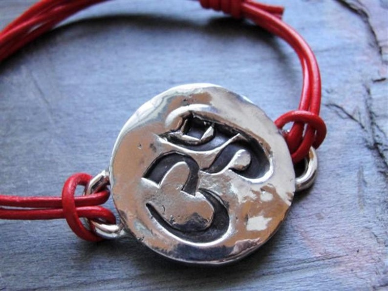 Sterling Silver Om Ohm Sign Bracelet on Red Leather image 2