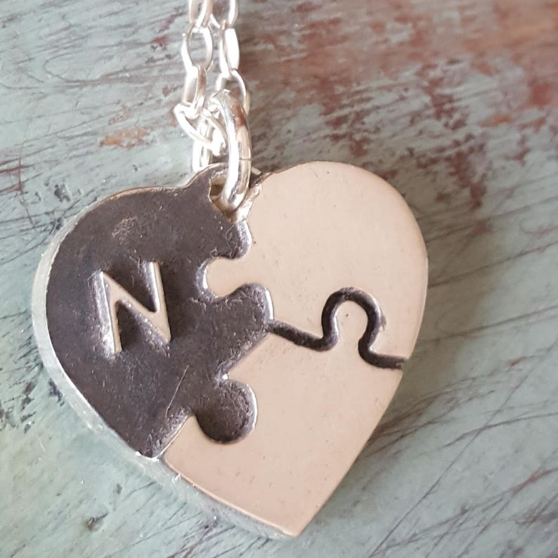 Puzzle Piece Heart Necklace Silver Initial Personalized Etsy