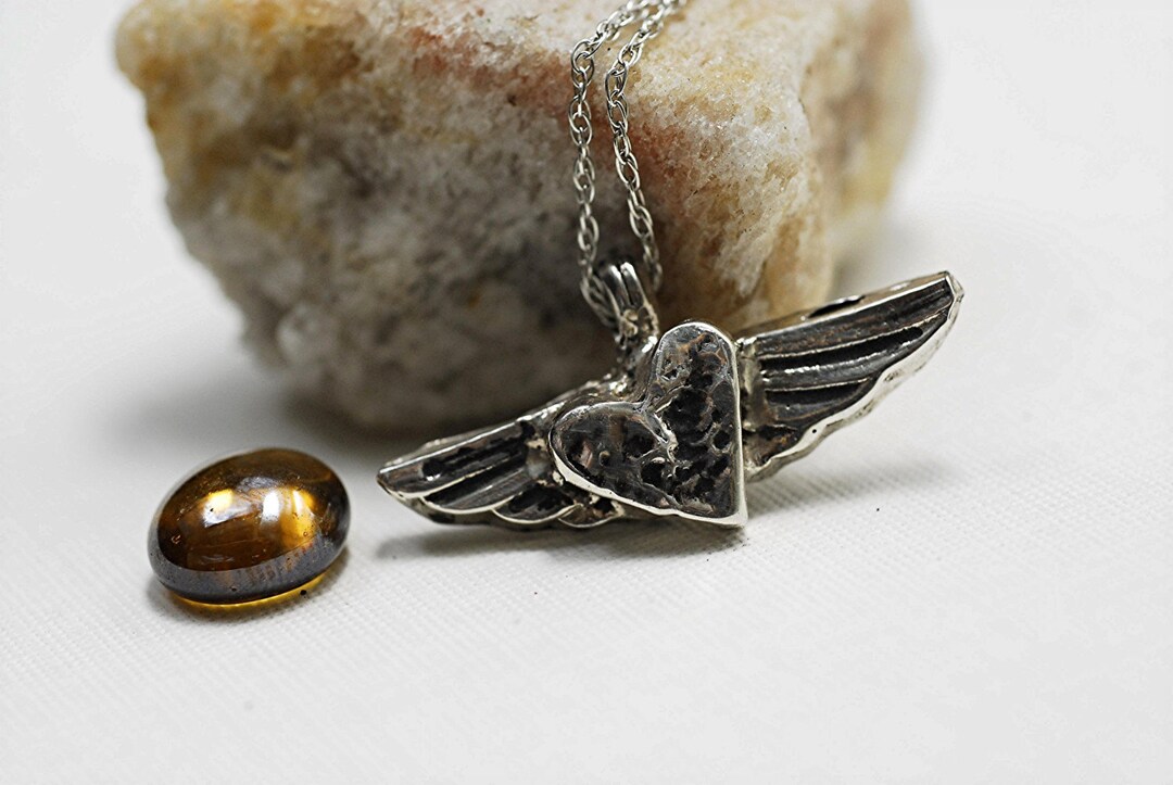 Enamel and Silver Heart & Wings Necklace
