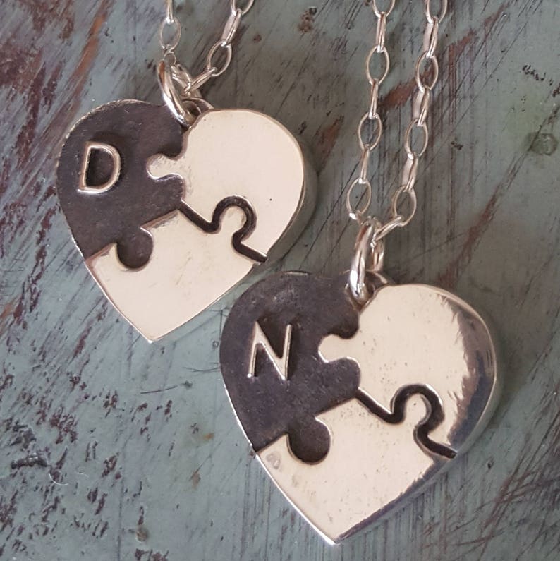 Puzzle Piece Heart Necklace Silver Initial Personalized Etsy