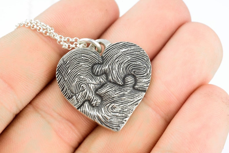 Fingerprint Heart Necklace Puzzle Piece Personalized Sterling Silver Mothers Day Jewelry image 5