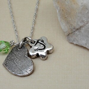 Fingerprint Thumbprint Necklace with Heart Birthstone Flower in Sterling Silver image 3