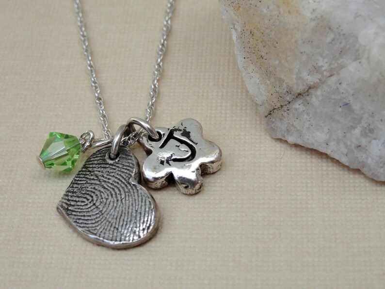 Fingerprint Thumbprint Necklace with Heart Birthstone Flower in Sterling Silver image 3