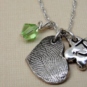 Fingerprint Thumbprint Necklace with Heart Birthstone Flower in Sterling Silver image 1