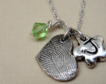 Fingerprint Thumbprint Necklace with Heart Birthstone Flower in Sterling Silver