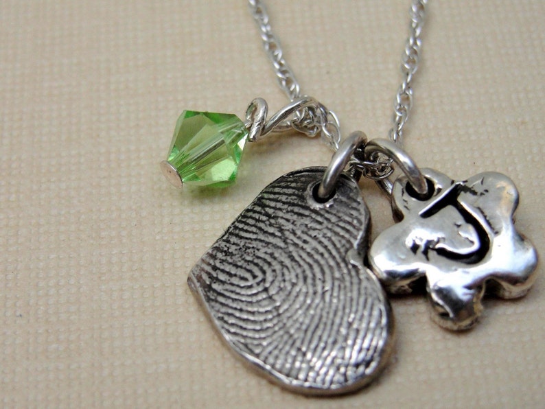 Fingerprint Thumbprint Necklace with Heart Birthstone Flower in Sterling Silver image 1