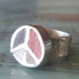 Peace Sign Ring Concrete Round Sterling Silver Peace Boho Hippie Chic One Of A Kind