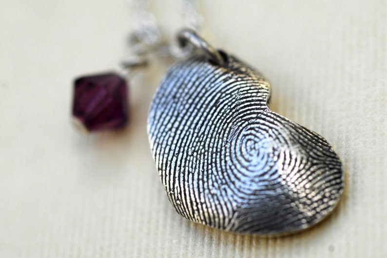 Fingerprint Heart Necklace Thumbprint in Sterling Silver Personalized with Birthstone image 1