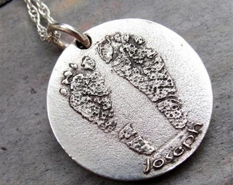 Custom Baby Footprints Necklace Handprints Sterling Silver Personalized with Name