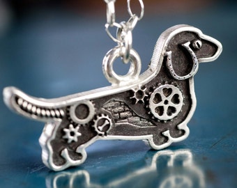 Industrial Dachshund Necklace Steampunk Silver Gear Bricks Pendant