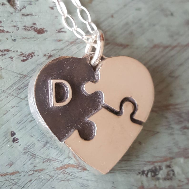 Puzzle Piece Heart Necklace Silver Initial Personalized Etsy