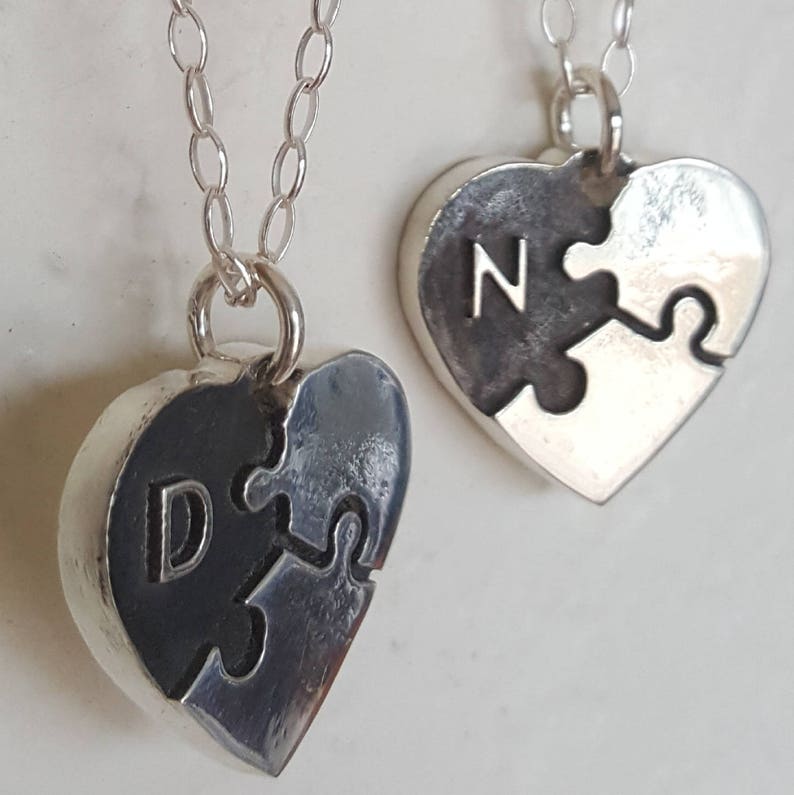 Puzzle Piece Heart Necklace Silver Initial Personalized Etsy