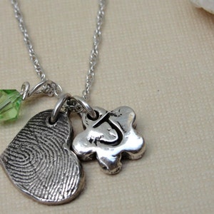 Fingerprint Thumbprint Necklace with Heart Birthstone Flower in Sterling Silver image 2