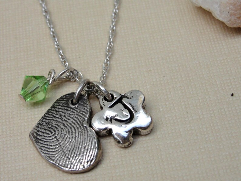 Fingerprint Thumbprint Necklace with Heart Birthstone Flower in Sterling Silver image 2