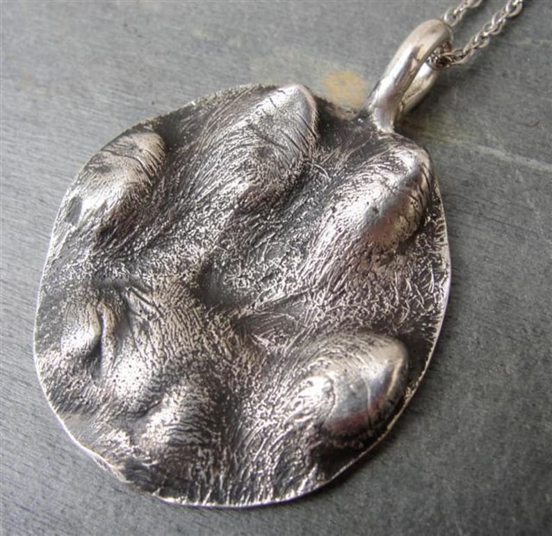 K&ouml;nnte beinhalten: Silberne Pfotenabdruck-Anh&auml;nger-Kette. Der Anh&auml;nger ist eine detaillierte, strukturierte Abformung einer Hundepfote. Die Kette ist aus Silber.