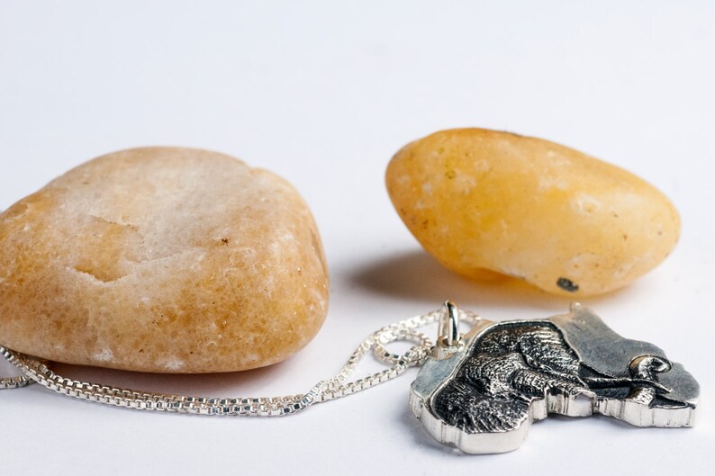 Op de afbeelding: Een zilveren ketting met een hanger in de vorm van het Afrikaanse continent. De hanger is gedetailleerd met een getextureerd oppervlak en een kleine vogel die bovenop zit. De ketting ligt op een wit oppervlak naast twee gladde, lichtbruine stenen.